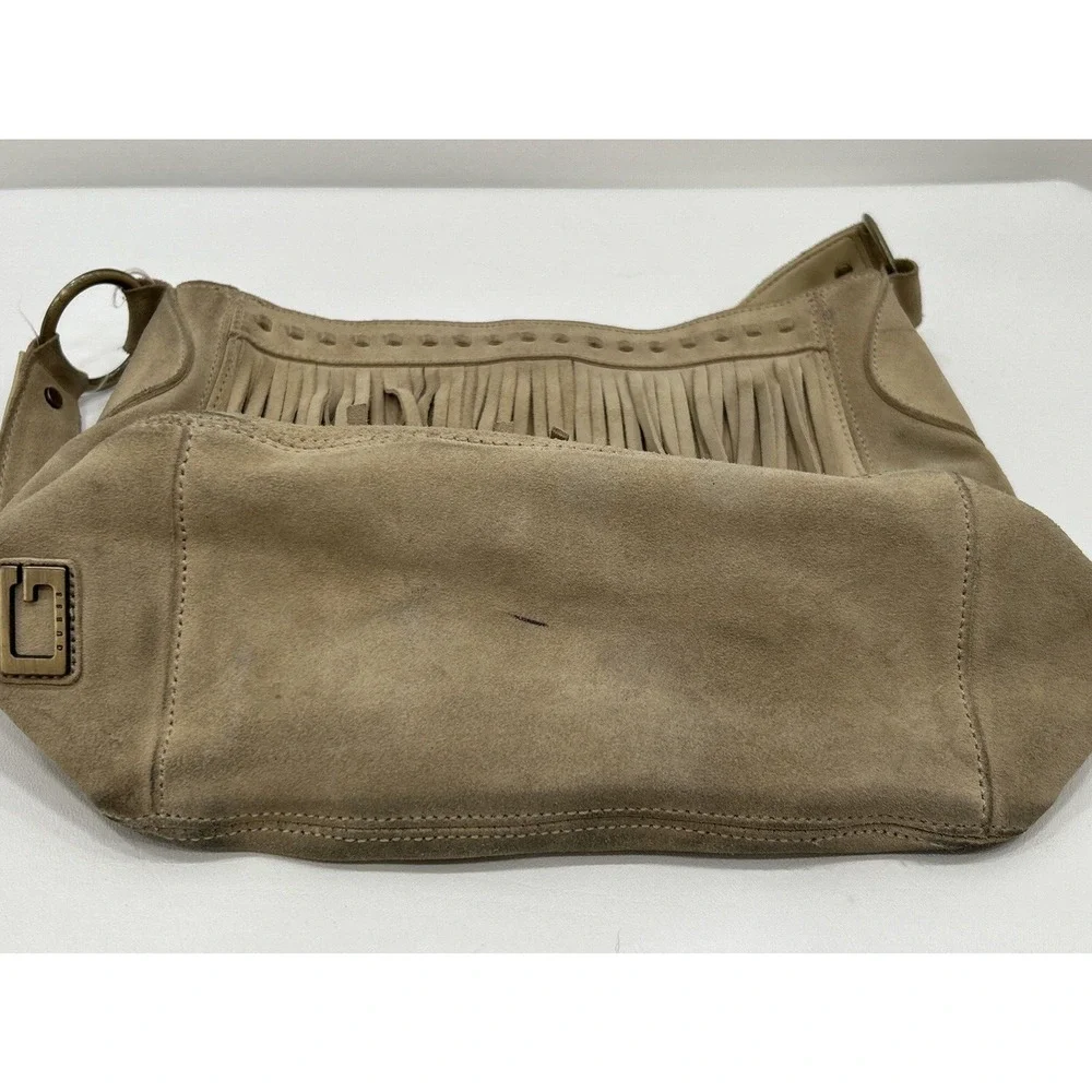 Guess Leather Suede Beige Tan Y2K‎ Hobo Shoulder Fringe Top Zip HandBag Purse